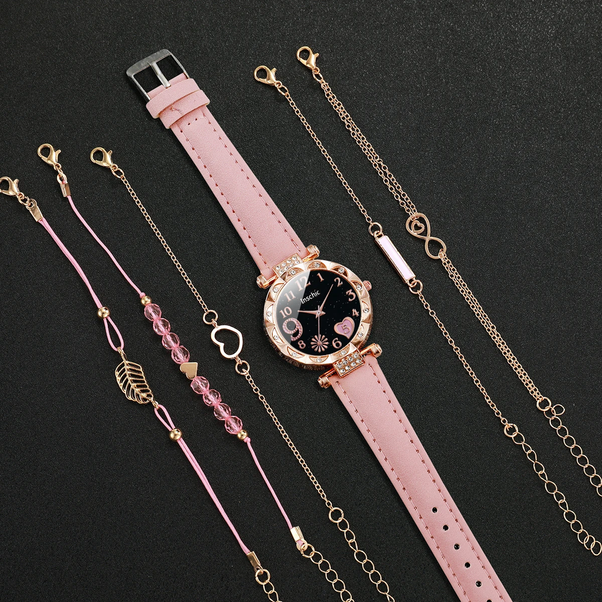 6 stks/set damesmode horloge multi liefde wijzerplaat lederen quartz horloge met liefde blad armband set