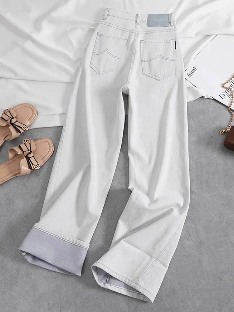 Dżinsy damskie z wysokim stanem, proste nogawki, białe, szerokie spodnie, wyszczuplające, codzienne, zapinane na zamek, denim.