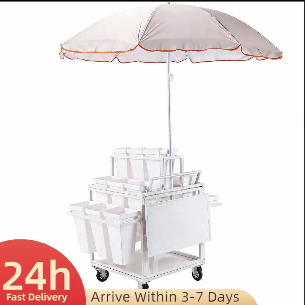 

Heavy Duty Moving Flower Rack with 18 Buckets Mobile Plant Display Rack with Wheels W/ Umbrella for Indoor Patio Garden Home Use