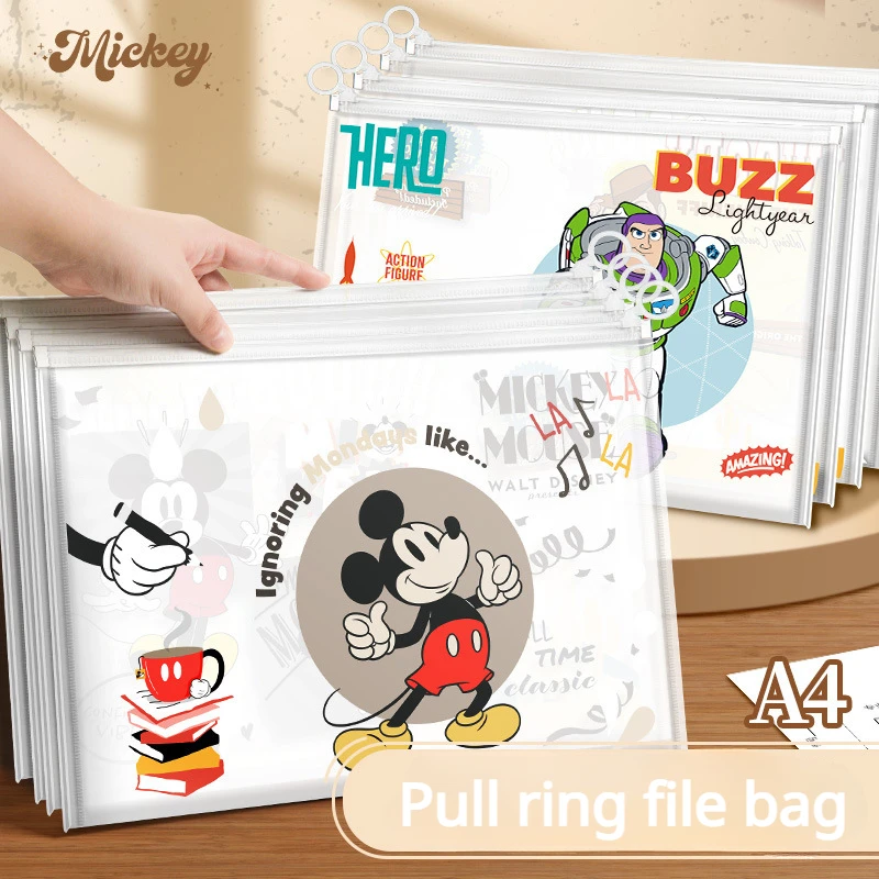 4pcs Disney Cartoon Mickey Mouse Transparent Document Bag A4 Zipper Waterproof Large Capacity Information Bag Student Stationery