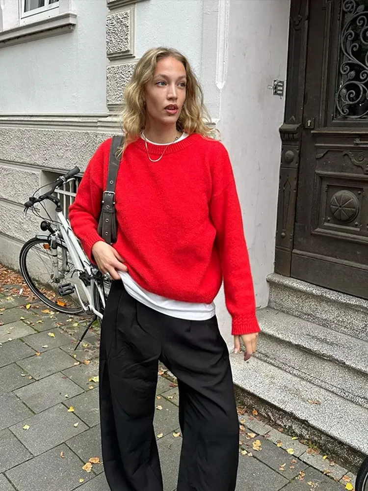 Losse Rode Gebreide Trui Dames Mode Ronde Hals Lange Mouw Oversized Gebreide Trui Herfst Dames Pendelen Straat Truien