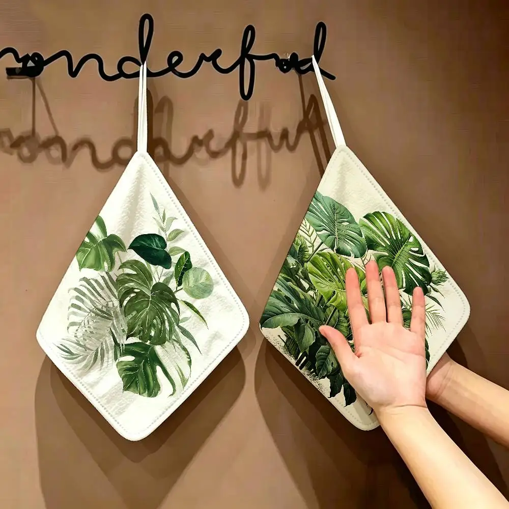 Green Botanical Leaves Interior Polyester Cotton Hand Wiping Towel, Hanging Towel, Quick Dry for Bathroom Daily Supplies