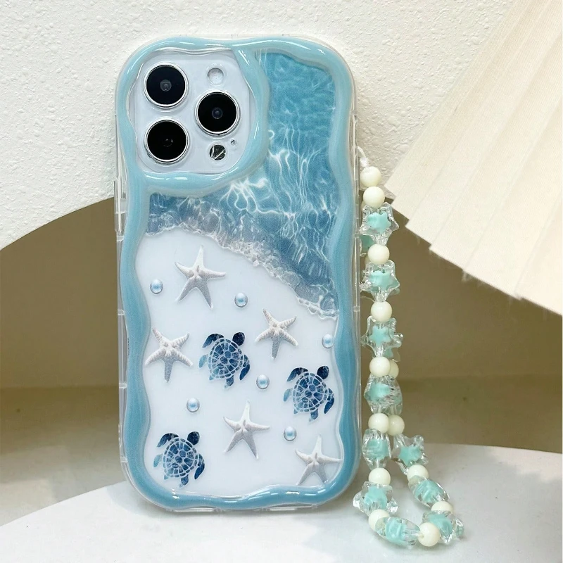 Funda de verano con tortuga y elementos marinos, borde ondulado para iPhone 17 16 15 14 13 12 11 Pro Max Plus 17E, clara con cuerda de cuentas, cubierta suave 3