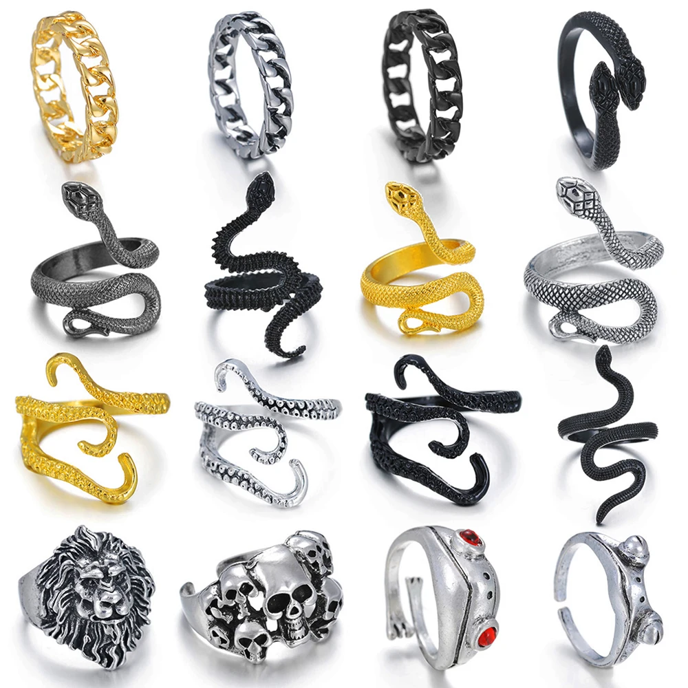 

New Fashion Rings for Men Women Punk Gothic Snake Skull Black Silver Plated Ring Exaggerated Adjustable Chic Party Gift Jewelry