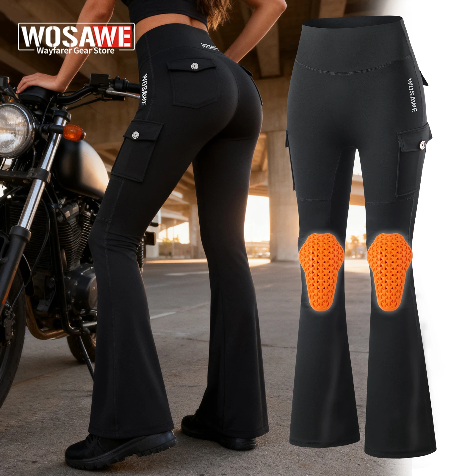 

Женские мотоциклетные брюки-клеш WOSAWE со съемными CE-сертифицированными наколенниками, для мотоциклетной езды, уличной моды, йоги, спортзала, с эффектом подтяжки бедер