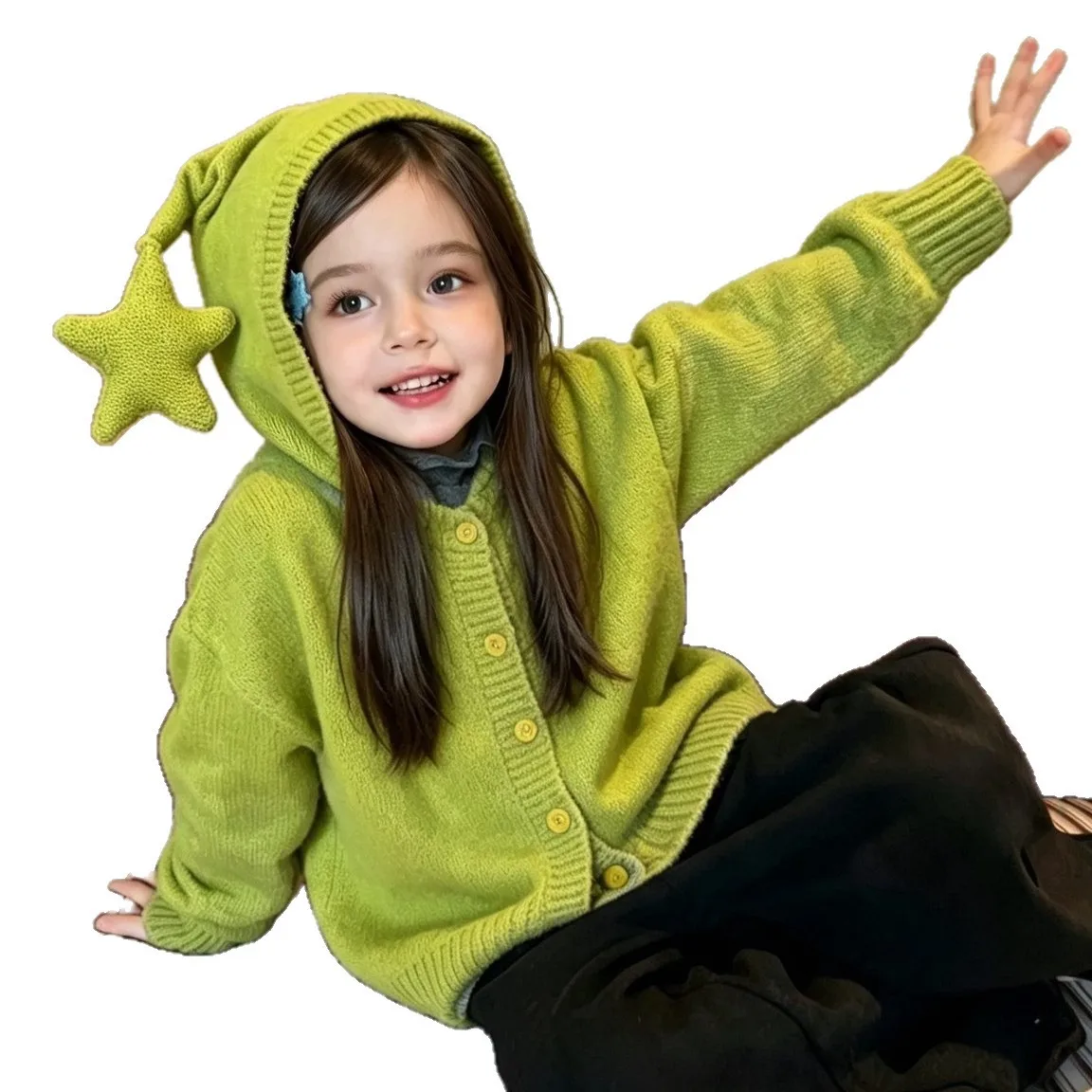 Girls Five Pointed Star Sweater Cardigan Autumn and Winter New Style Children Knitted Jacket Top for Boys and Girls