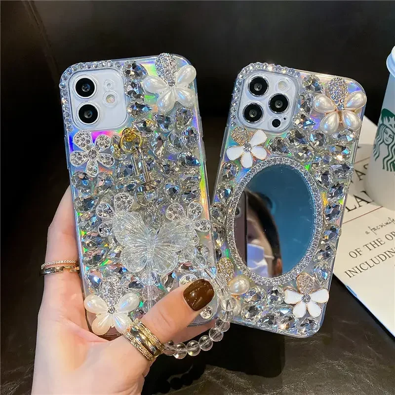 

Luxury Crystal Mirror Phone Case with Rhinestone Pearl Flowers for Xiaomi 12 13 Redmi Note 10 11 12 13 Pro Plus