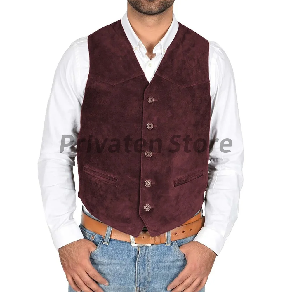 Chaleco de ante de un solo pecho para hombre, con bolsillo cuello en V, chaquetas Retro ajustadas, chaleco informal sólido sin mangas