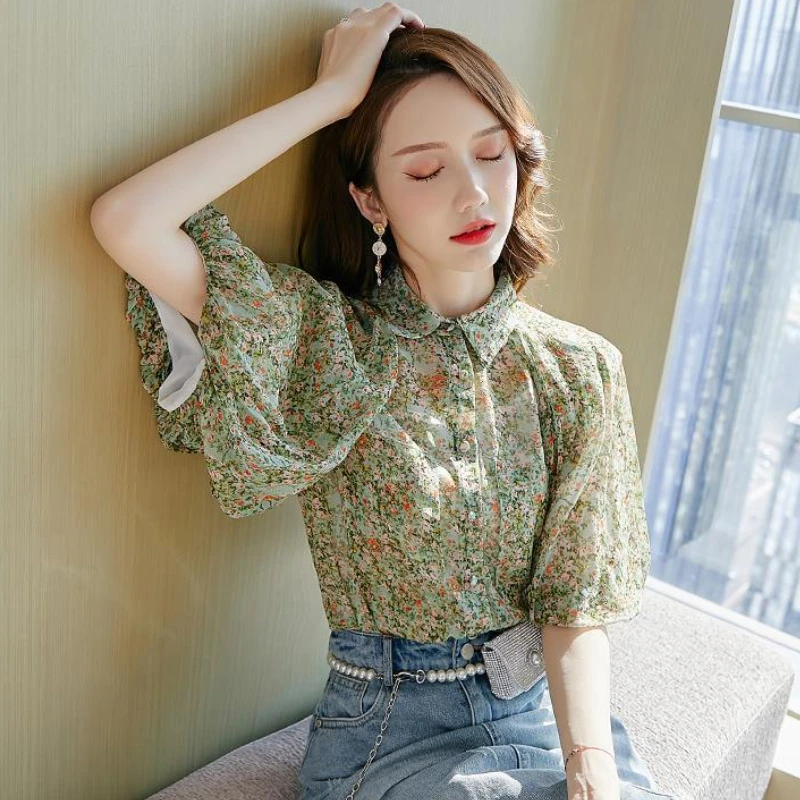 S-3XL Floral Shirts Women Baggy Lantern Sleeve Temper Elegant Aesthetics Camisas Vintage French Hipsters Gentle Green Summer Ins