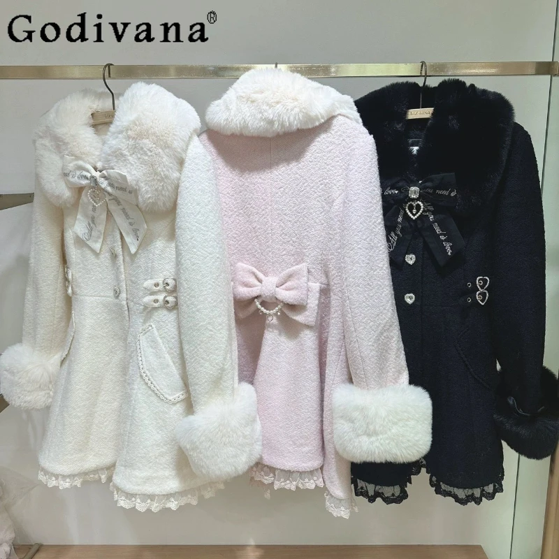 

Winter New Woman's Japanese Sweet Bow Slim Long Woolen Coat Faux Fur Collar Lolita Girl Women's Pink White Wool Jacket Overcoat