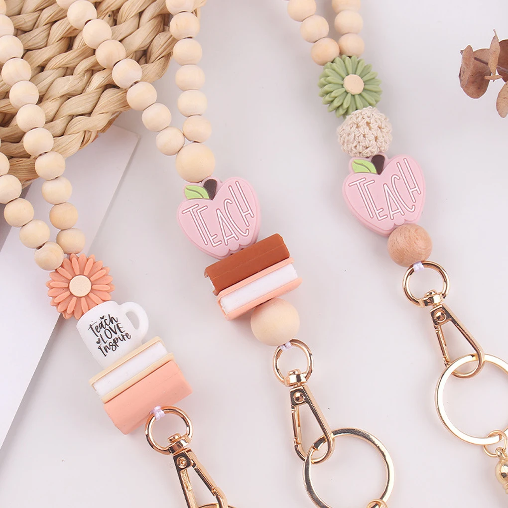 

1PC Fashion Wood Beaded Lanyard For Key Teacher Lanyard With ID Holder Super Cute Boho Breakaway Lanyard For Women
