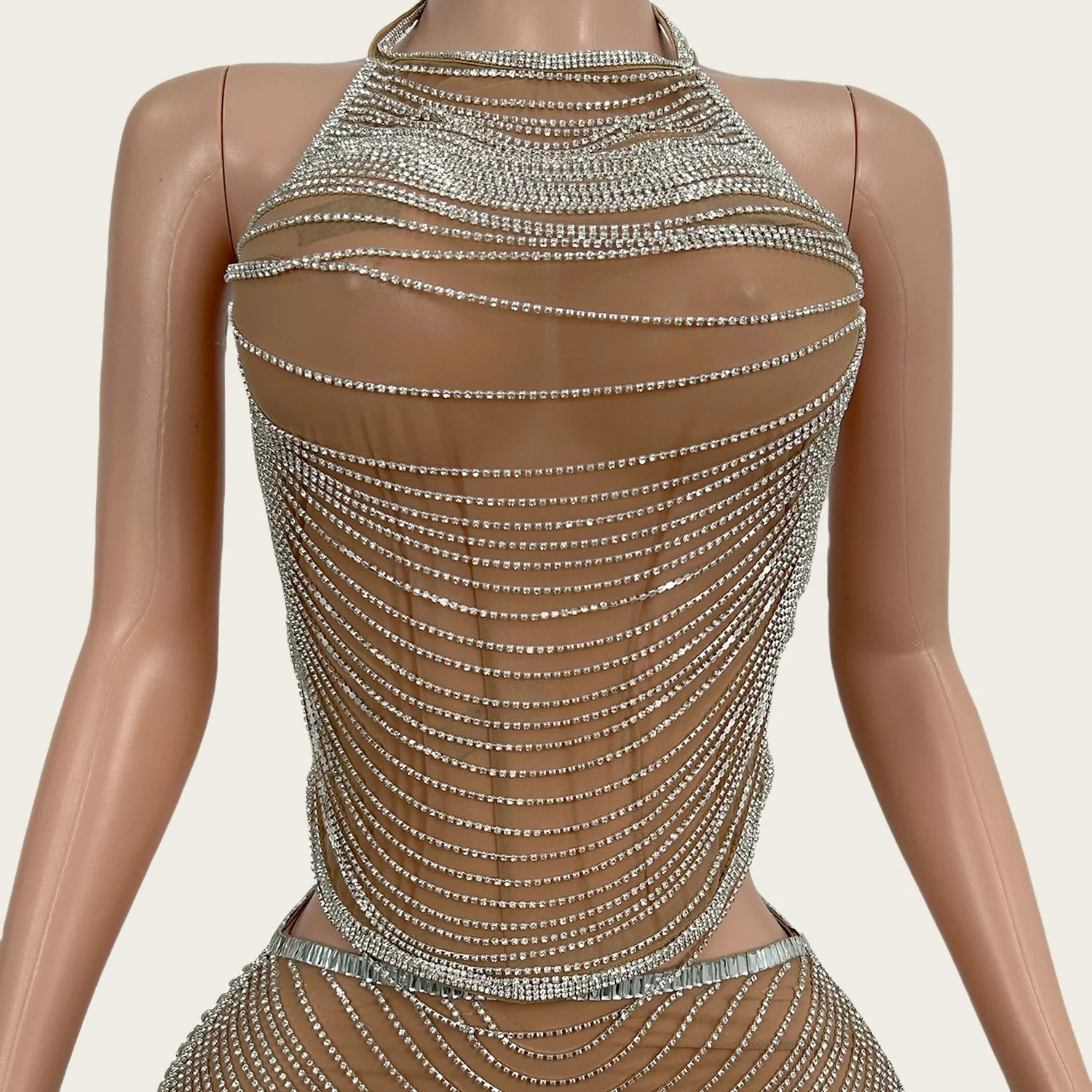 

Backless Crop Tops Tight Fitting Pants 2Pieces Suit Luxury Sparkly Rhinestone Chains Birthday Celebrate Party Sexy Outfit Dudou