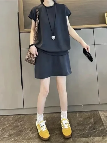 

plus Size Women's Fashion Short Sleeve Top And Half-length Skirt Set Summer Loose Casual Two-piece Set for Heavy Girls