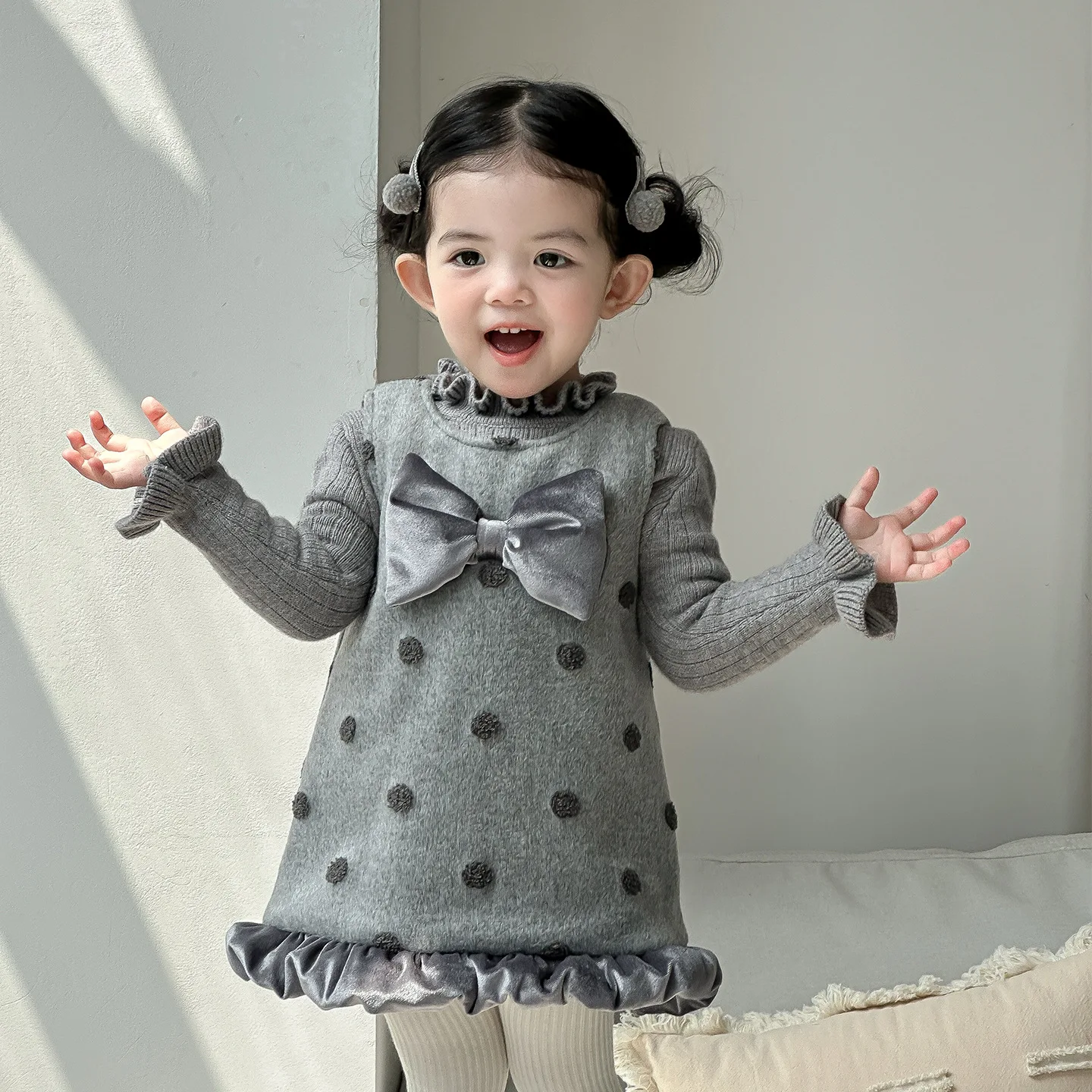 2025 Autumn and Winter New Infant Woolen Skirt Set Female Treasure Polka Dot Dress Sweater Base Two-piece Set