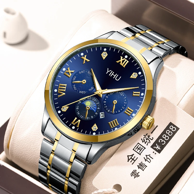 YIHU New Multi functional Men's Watch Original Stainless Steel Night Light Waterproof Trendy Watch
