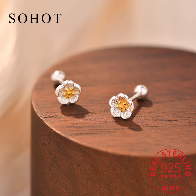 Real 925 Sterling Silver Minimalist Sweet Flower Stud Earrings for Women Fine Jewelry Piercing Screw Bead Romantic Accessories