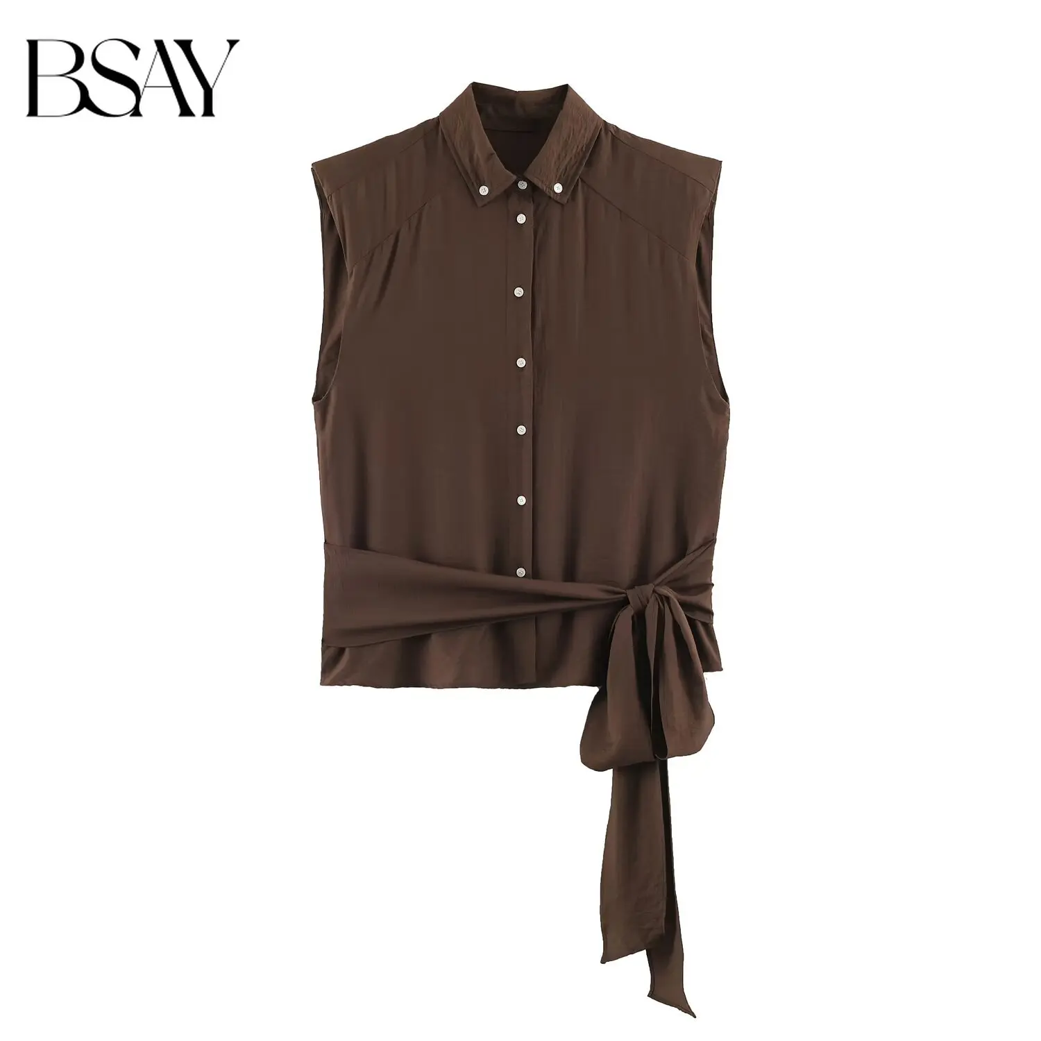 BSAY 2026 Women Satin Sleeveless Shirt Lapel Collar Button Down Blouse Side Self Tie Waist Knot Slim Fit Elegant Office Tank Top