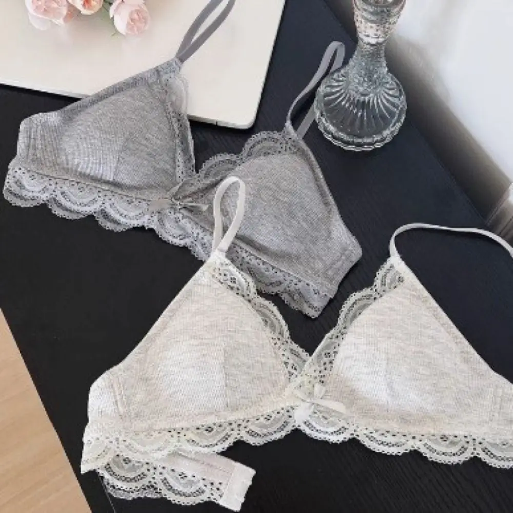 บราไร้สาย Sweet Sweet แบบเว้าลึก ป้องกันการหย่อนคล้อย ชุดชั้นในลูกไม้ผูกโบว์ สไตล์ฝรั่งเศส กันกระแทก บราดันทรงสำหรับสาวๆ