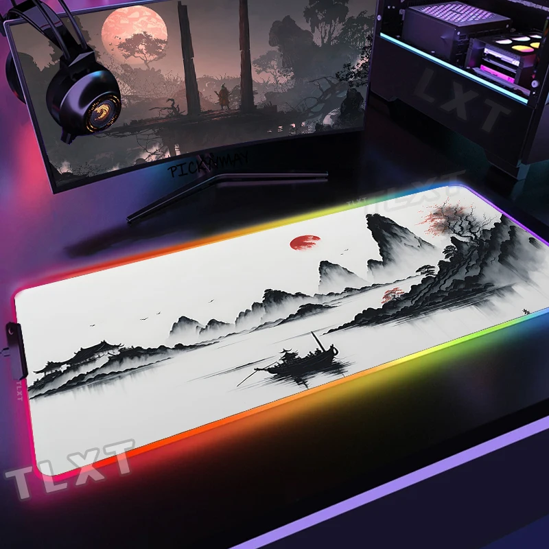 Large RGB Mouse Mat Ink Painting Mousepads LED Gaming Mousepad Big Luminous Desk Pad 100x55cm Desk Mats Backlit Gamer Mouse Pads