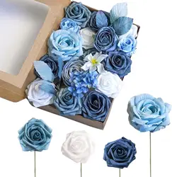 Yannew Artificial Blue Silk Flowers Combo Box Set with Stems for DIY Wedding Cake Bridal Bouquets Party Table Centerpiece Decor
