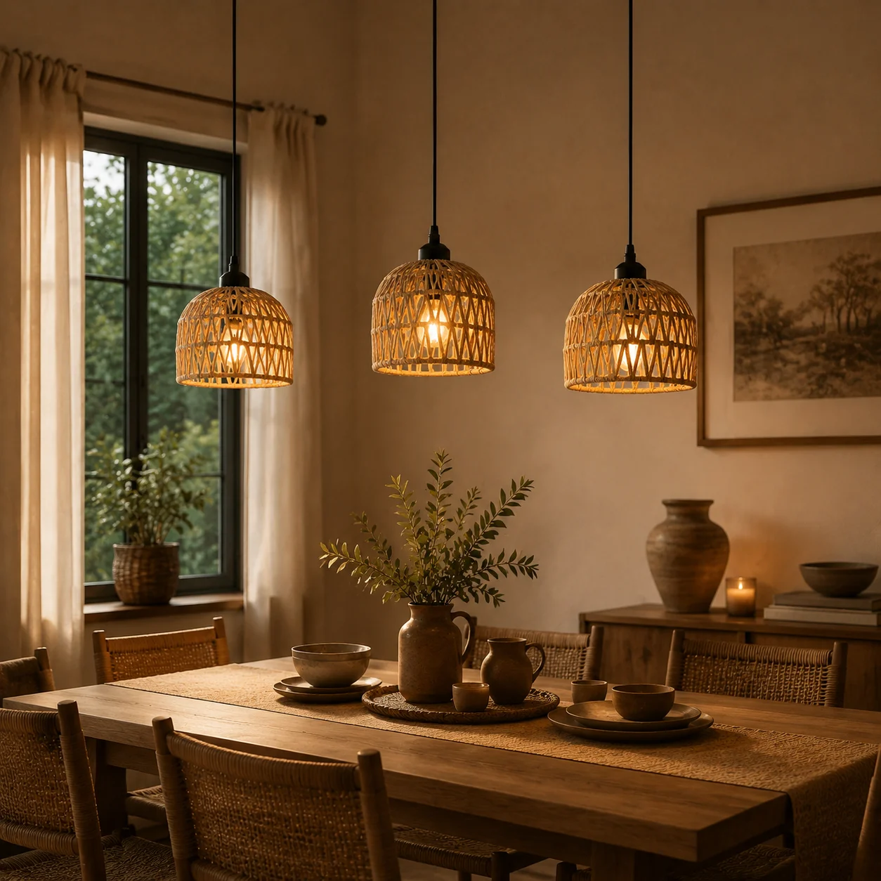 Boho Rattan Woven Rope Pendant Light E27 Hanging Ceiling Lampshade for Living Room Bedroom Dining Room Decor