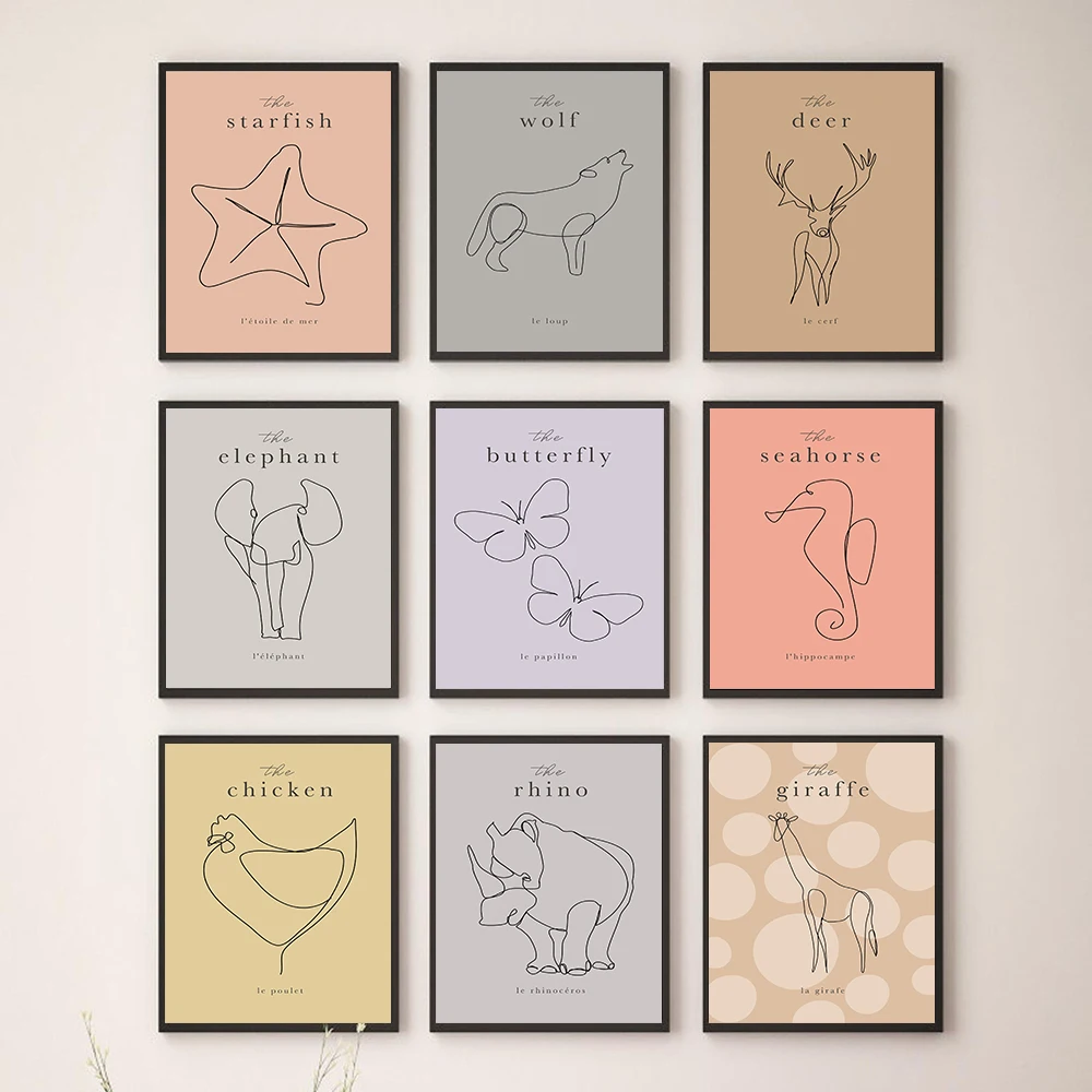 Line Draw Animal Cat Deer Giraffe Elephant Poster and Print Nursery Wall Art Canvas Painting Children Picture Nordic Home Decor