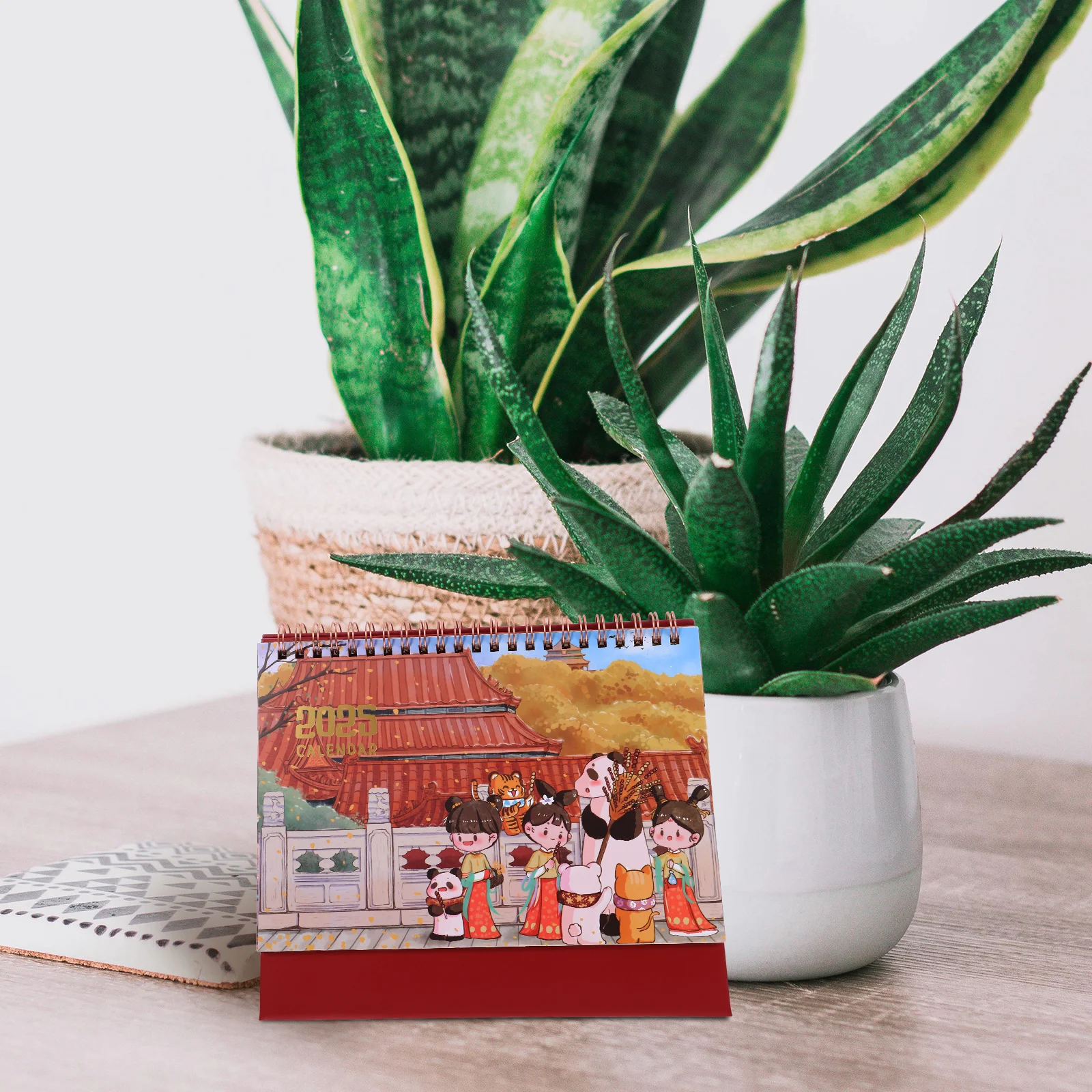 

2025 Desk Calendar Cartoon Chinese Painting Flip Coil Office Accessory Sturdy Board Double Rings Monthly Planner
