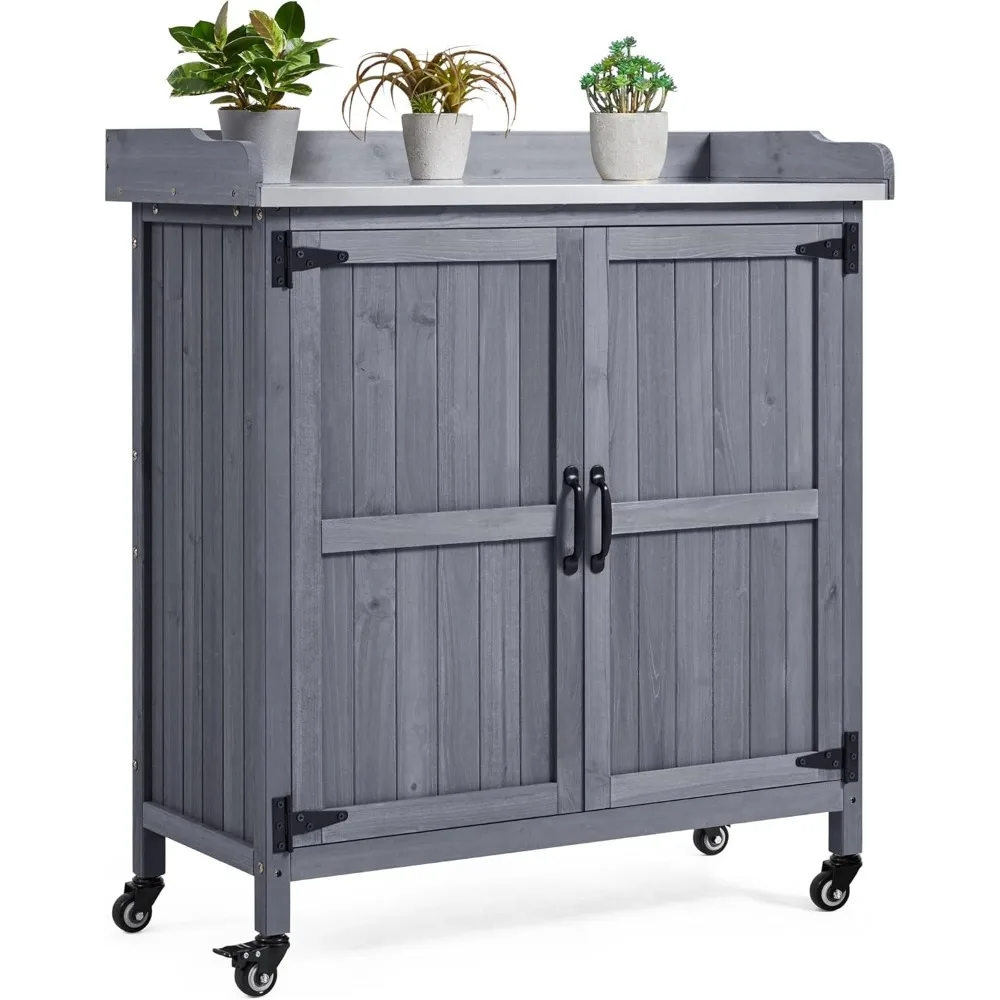 

Potting Bench Table - Wooden Storage Cabinet with Removable Shelf & Flexible Space & Metal-Plated Tabletop for Outdoor Garden