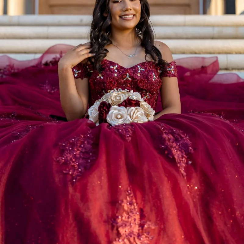 Wine Red Quinceanera Dress Glitter Flower Decal Long tail off-shoulder Tull Layering Bow Vestidos De 15 Quinceanera ﻿Customize