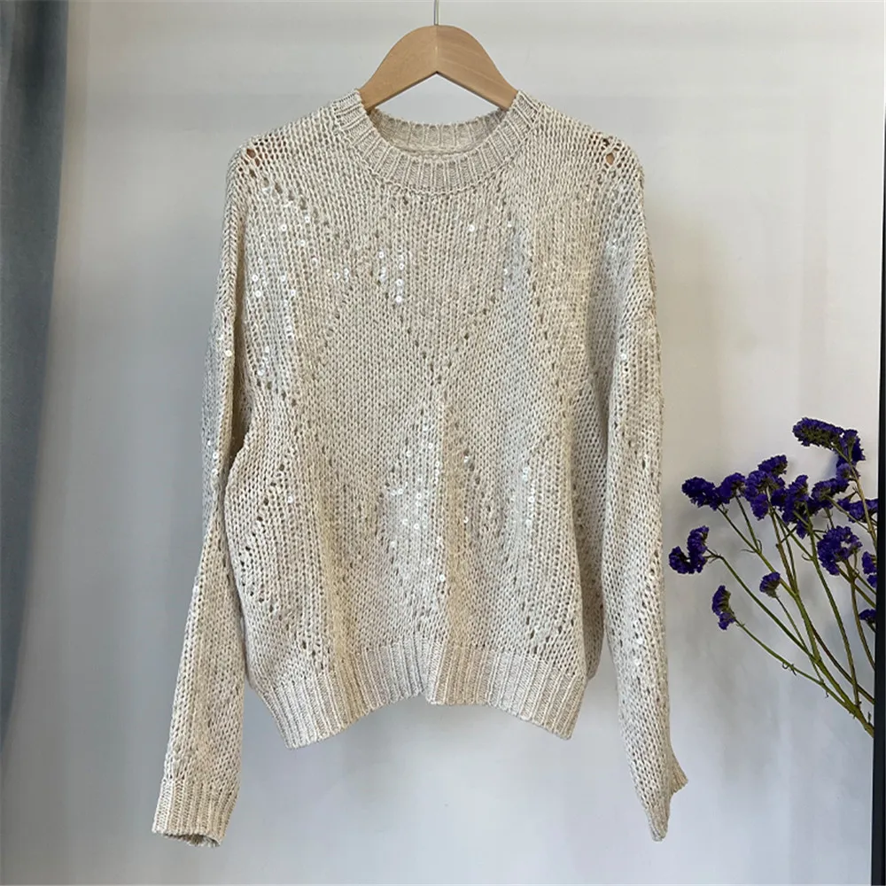 Cotton Linen Blended Pullover For Women Sequined Hollow knitted Sweater