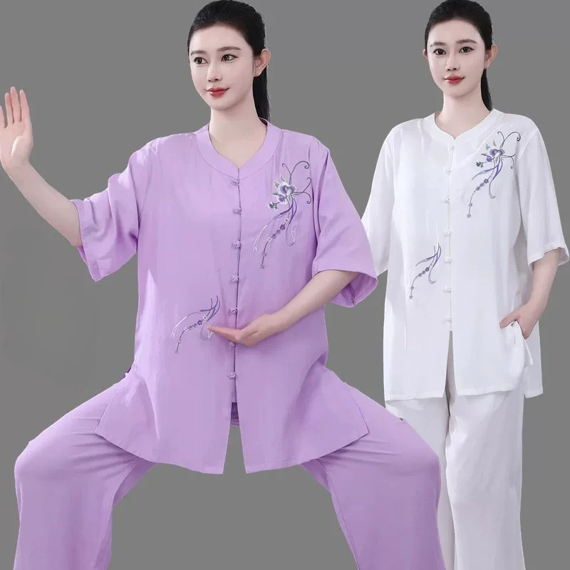 Tai Chi Uniform Women Kung Fu Wushu Martial Arts Suit Training Performance Taichi Cotton Linen Morning Exercise Sportswear