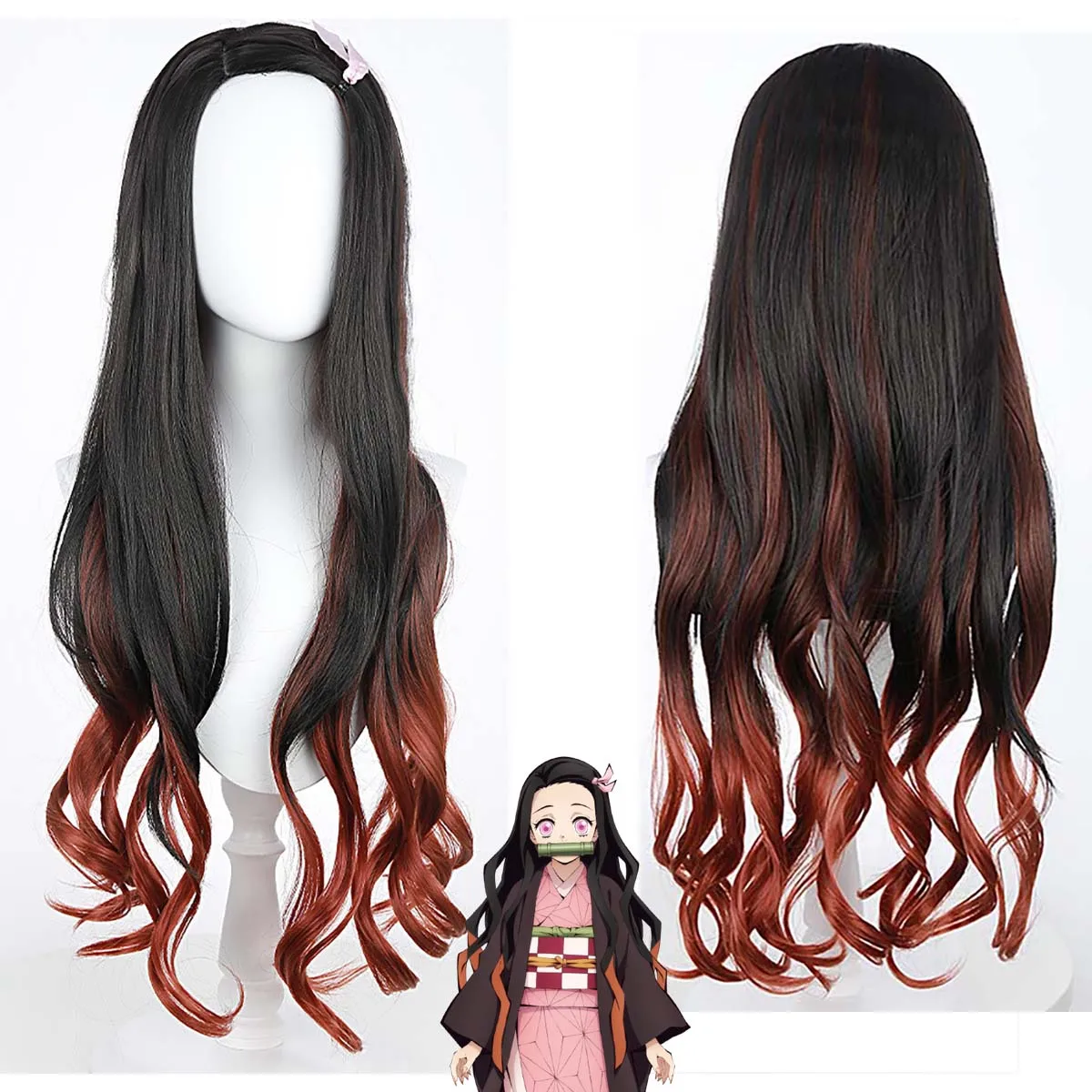 النساء الفتيات أنيمي شيطان القاتل تأثيري Nezuko طويل مجعد البرتقالي والأسود الباروكات