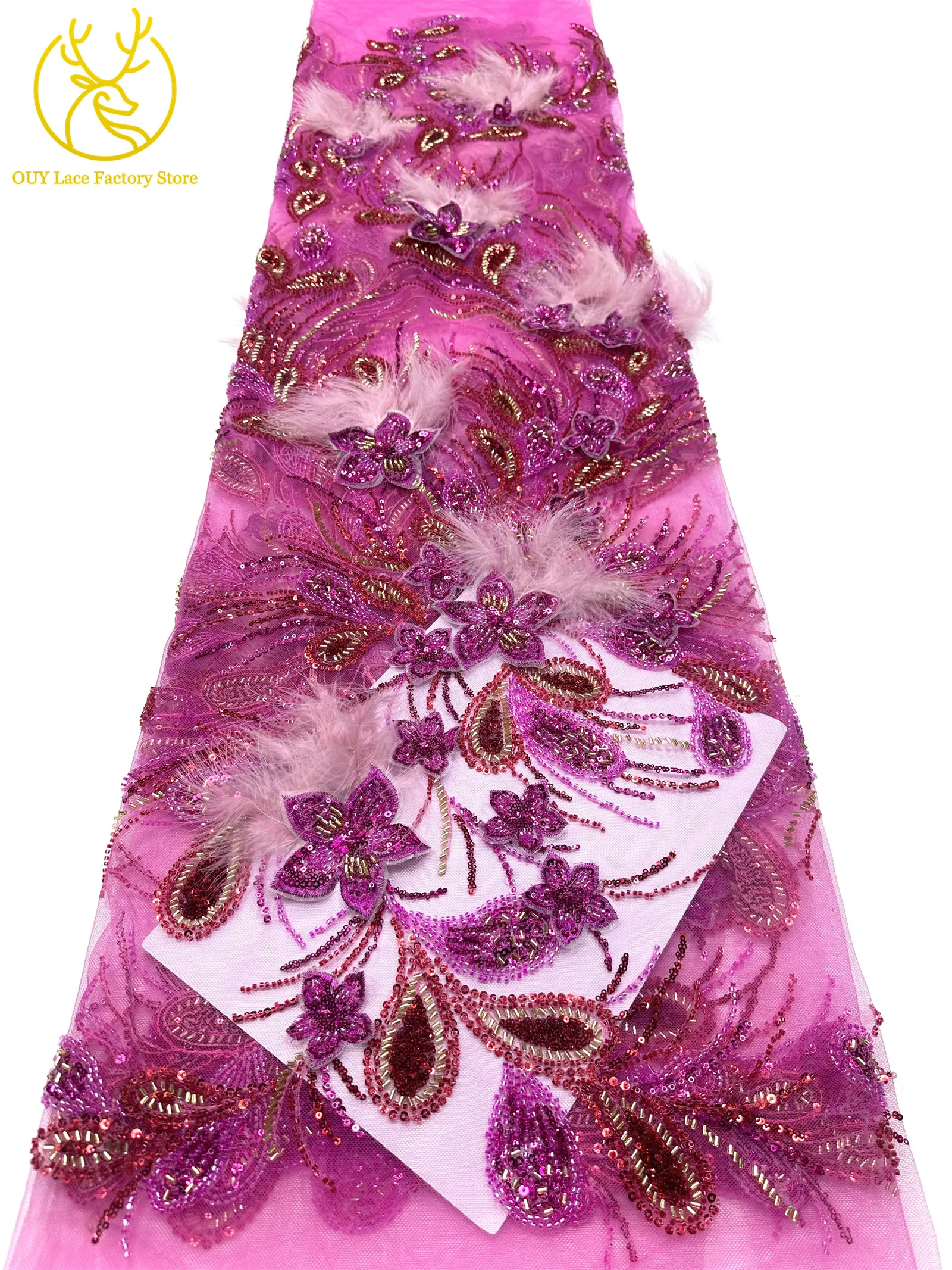 Neues Design Afrikanischer Spitzenstoff mit Pailletten, Perlen, Mesh-Spitze, luxuriöse 3D-Feder-Stickerei, Tüll-Spitzenstoff zum Nähen von Brautkleidern – Detail 13