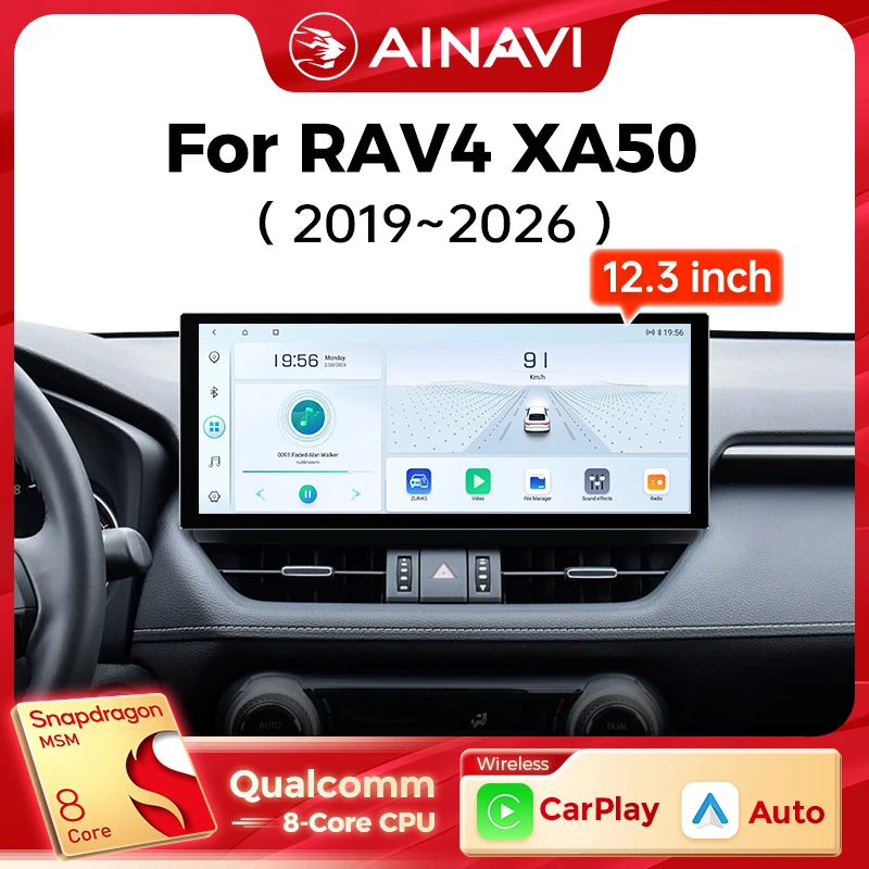 Ainavi 12,3 Zoll Autoradio für Toyota RAV4 2019 2020 2021 2022 2023 2025 XA50 Kabelloses Carplay Android Auto 4G Auto-Multimedia 2K