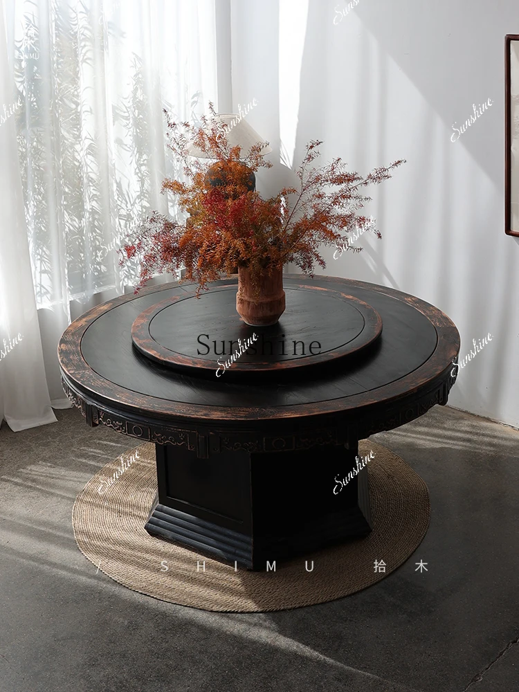

Restaurant dining table and chair combination solid wood Chinese antique dining table with turntable FT