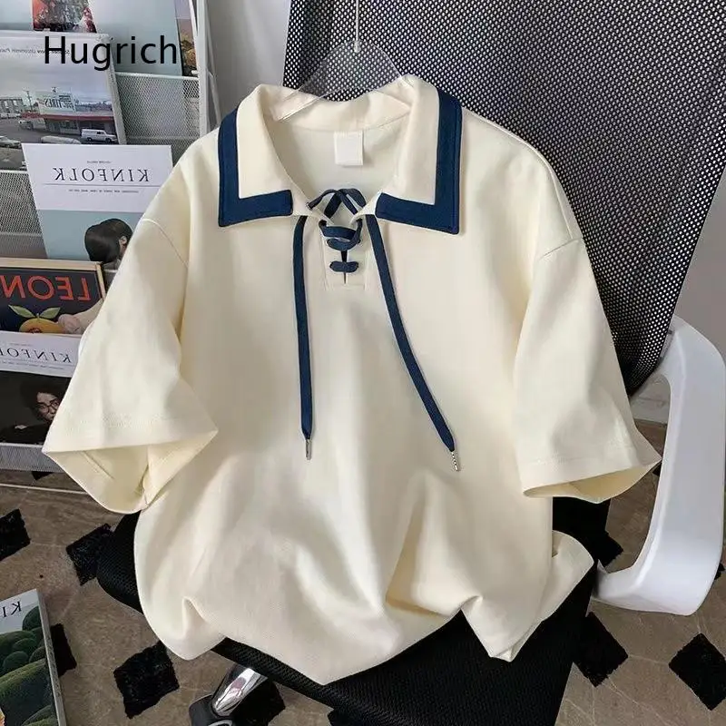 Contrast Navy Sailor Collar Front Lace Up Polo Shirt Preppy Campus Womens Loose Short Sleeve Tee