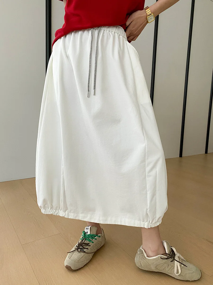 Spring and summer women's casual solid color drawstring elastic waist A-line slimming flower bud half skirt