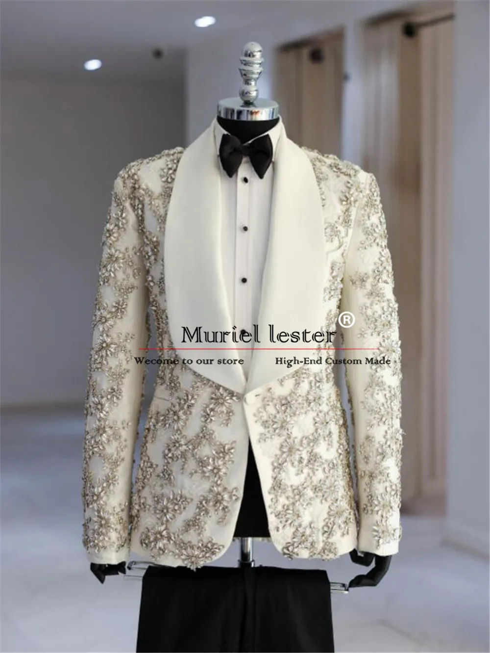 Luxury Wedding Suits For Men Ivory Shawl Lapel Beaded Stone Appliques Jacket With Black Pants 2 Piece Man Evening Groom Tuxedos