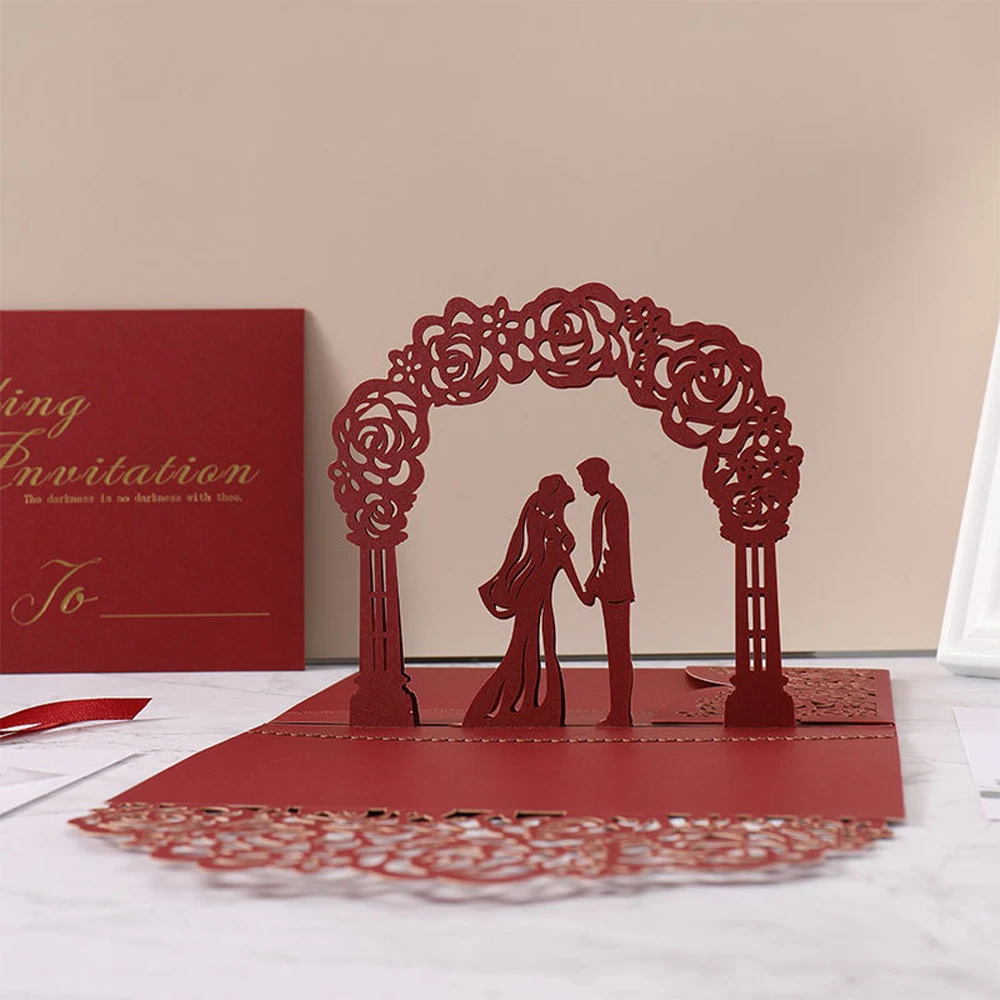 100 Pieces 3D Pop Up Bride and Groom Wedding Invitations, Wholesale Personalized Tri-fold Burgundy Pocket Marriage Card IC144