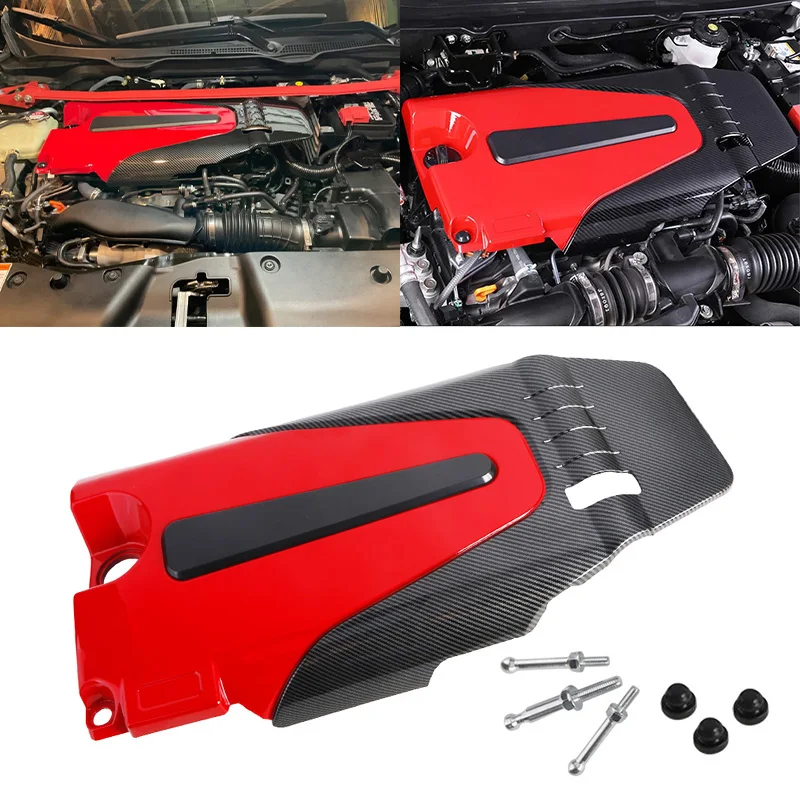 Car Engine Cover Bonnet Hood Dust Cover Fit For Honda Civic 2016 2017-2021 ABS Red Carbon Fiber Look Soundproof Auto Accessories