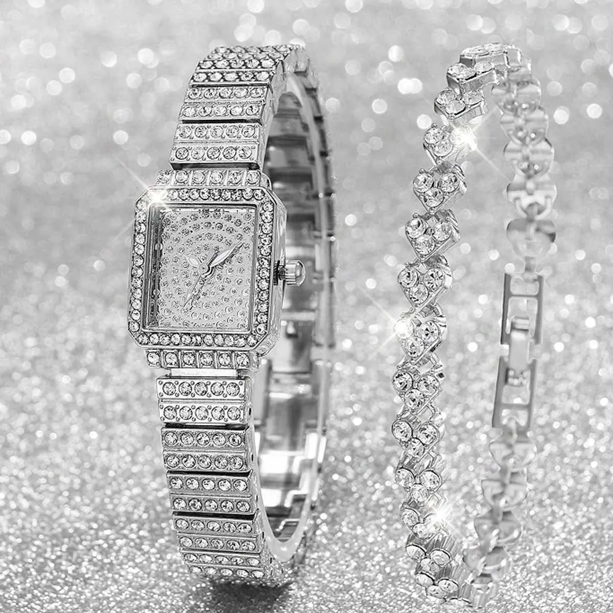 

2pcs-Ladies Watch Luxury Women Watch Crystal Rhinestone Watches Quartz Stainless Steel Strap Wristwatch Square Dial Wrist