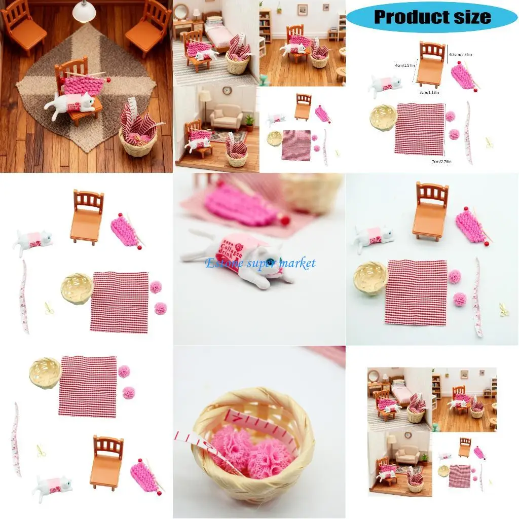 

090B Detailed 1/12 Miniature Scene Depicting Kitten Playing With Wool Sweater