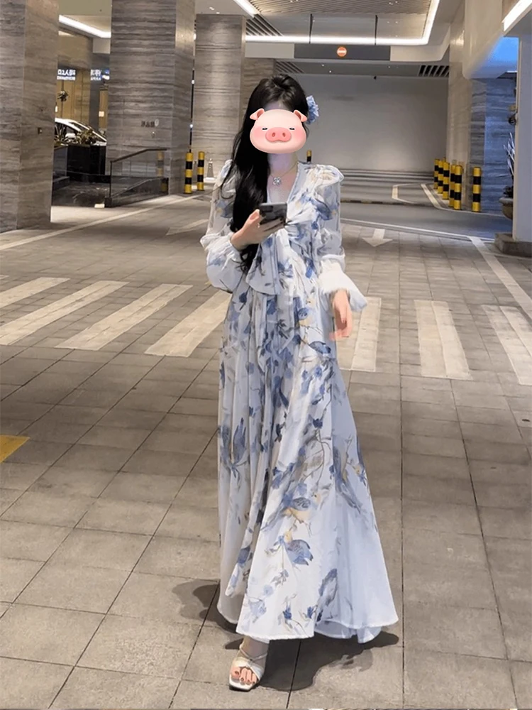 

SYJ Comfortable Floral Print V-Ne Long Sve Dr Women's Beach Vaion Casual Loose Fit High Waist A-Line Dr