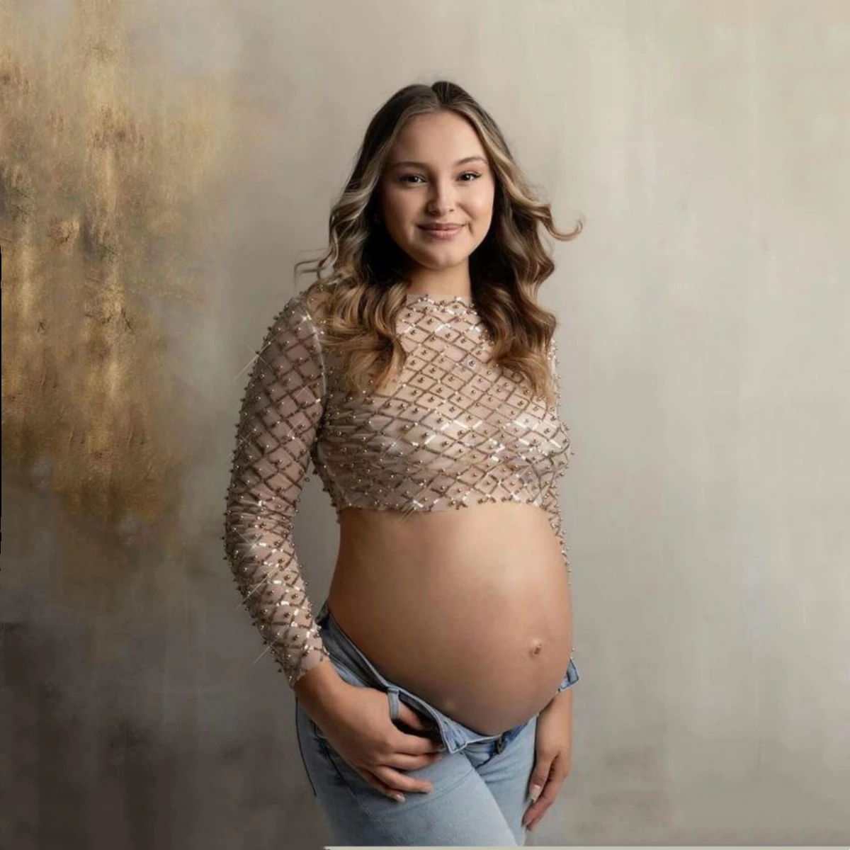 Sequins Plaid Pearl Tops For Maternity Photography Full Sleeve Sequin Pearl Tulle Tees For Pregnancy Photo Shoot Wear