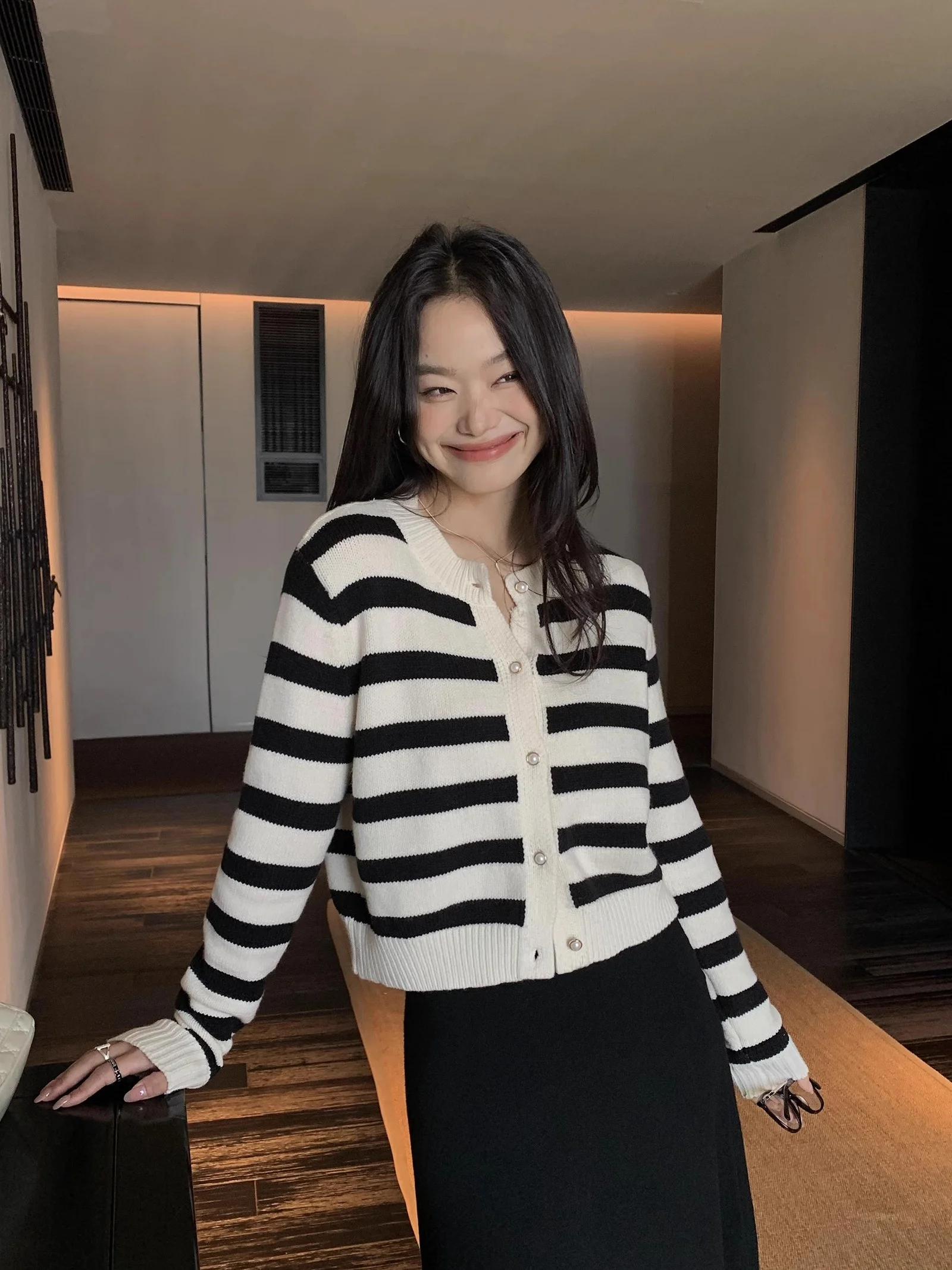 

Pusumede Striped Knitted Open Cardigan Color Blo Design Ele Sweater Outerwear Women's Loose Fit Long Sve round Ne ...