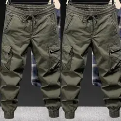 Fashion Solid Color Work Casual Multiple Pockets Men's Cargo Pants Classic Waist Drawcord  Youth Tide Male Trousers