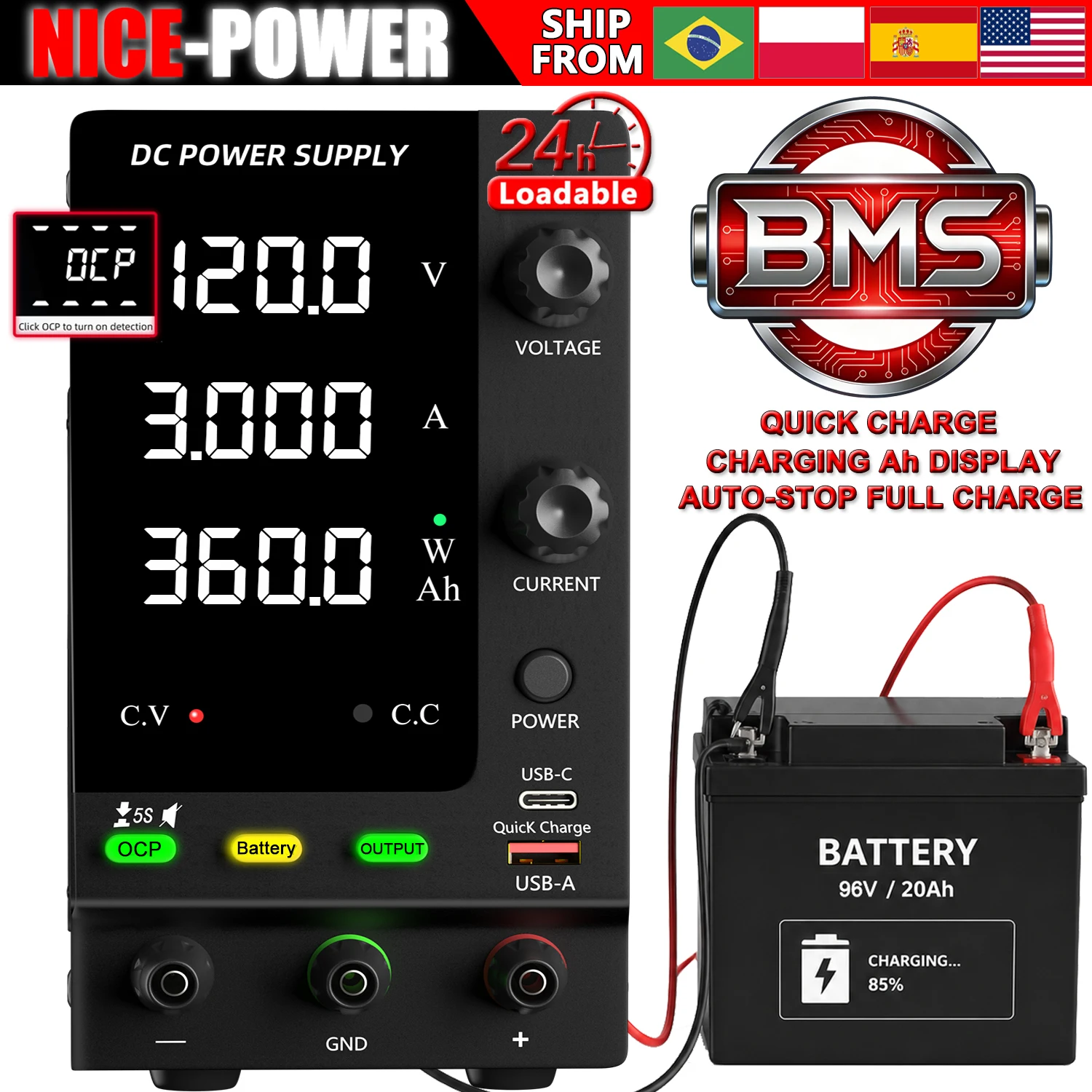 Alimentation électrique réglable Nice-Power 120V pour la charge de batteries et le test et la réparation de circuits imprimés, alimentation de laboratoire 24V 48V avec OCP/OUTPUT