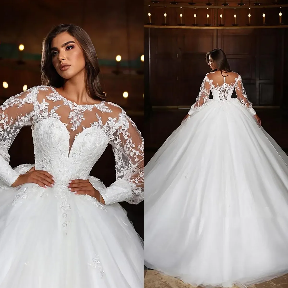 

Classic Women Wedding Dress Jewel Neck Long Sleeves Bridal Gowns Lace Appliques Sweep Train Dress Custom Made vestidos de novia