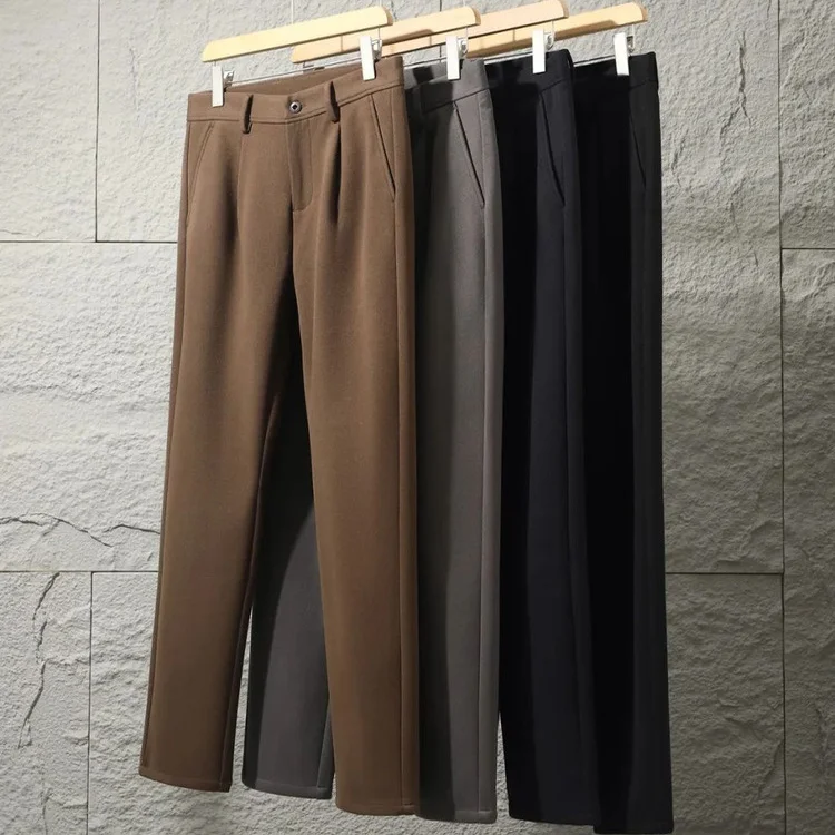 

Мужские элитные повседневные брюки из смешанной бархатной ткани с драпировкой против морщин, модные прямые брюки на все сезоны