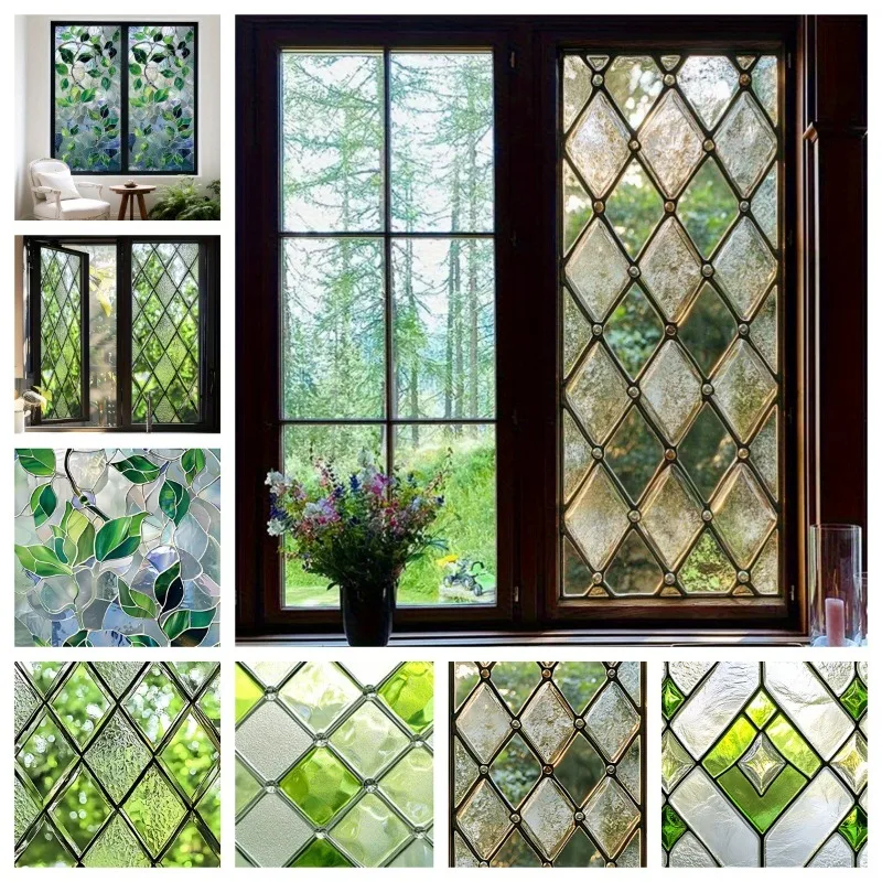 Europäische Retro-Fensteraufkleber aus Waldgrünem Blattglas – leicht zu entfernender statischer Aufkleber – PVC-Aufkleber für Wohnzimmer- und Badezimmertüren